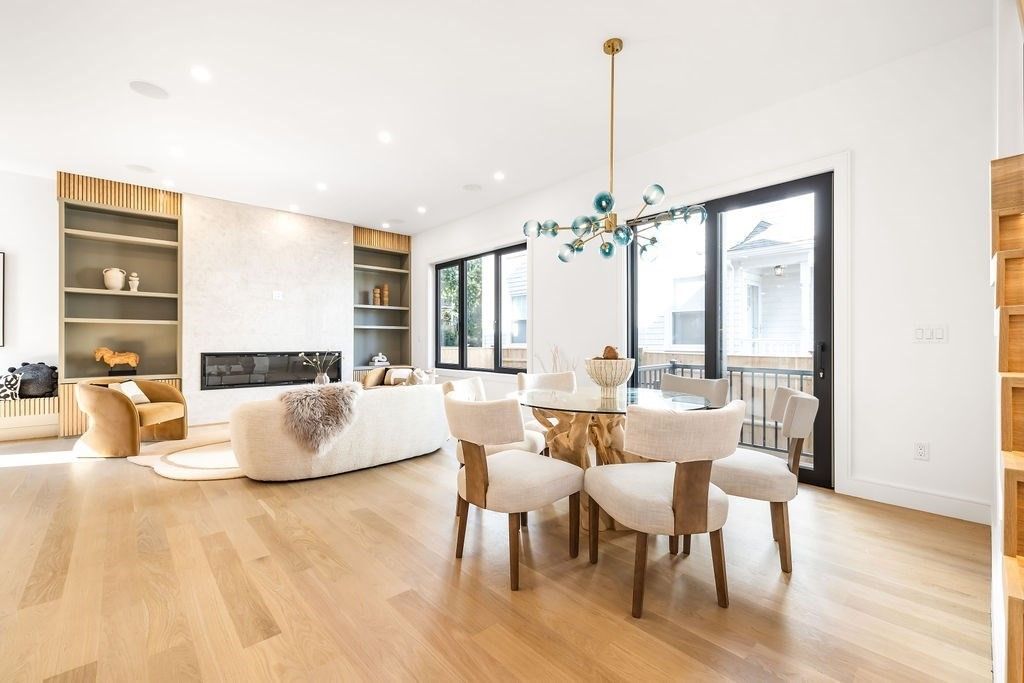 Dining room, Fireplace, Interior, Living room, Pendant Lights, Recessed Lighting, Wood Texture Flooring