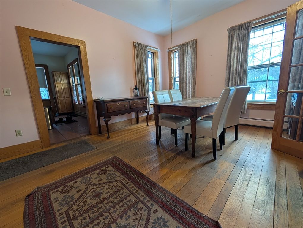 Dining room, Interior, Pendant Lights, Wood Texture Flooring