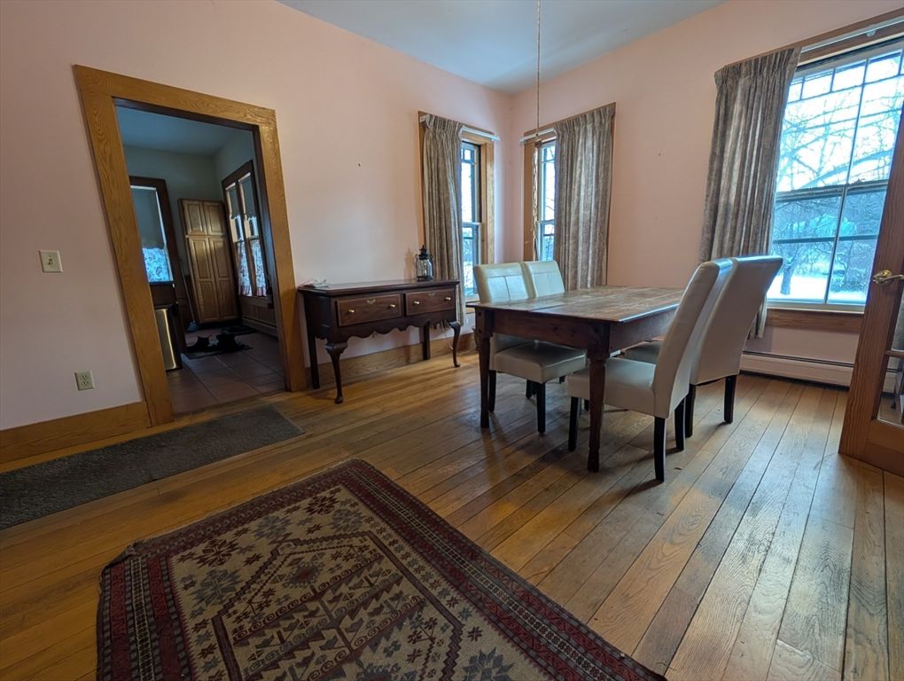 Dining room, Interior, Pendant Lights, Wood Texture Flooring