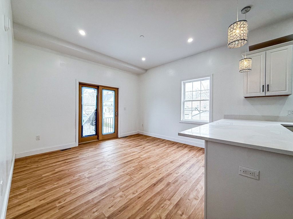 Empty room, Interior, Pendant Lights, Recessed Lighting, Wood Texture Flooring
