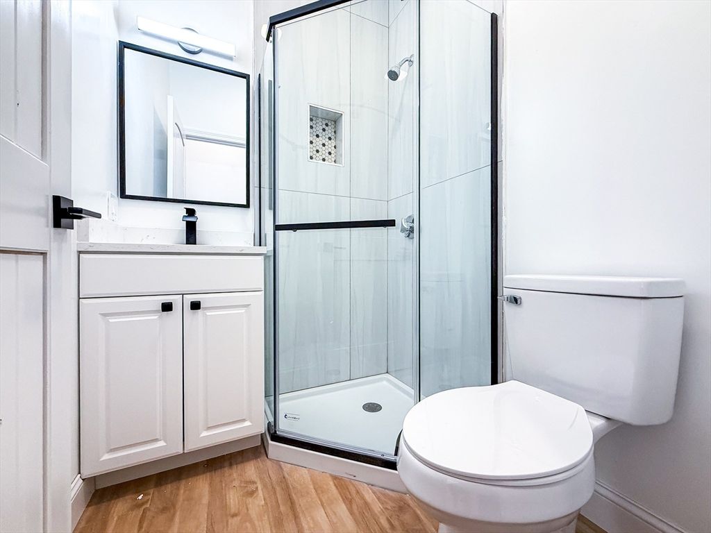 Bathroom, Glass Shower, Interior, Wood Texture Flooring