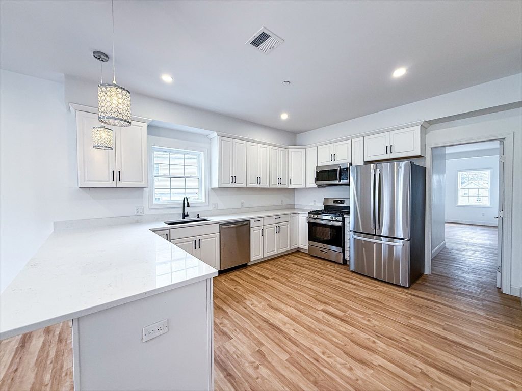 Interior, Kitchen, Pendant Lights, Recessed Lighting, Stainless Steel Appliances, Wood Texture Flooring