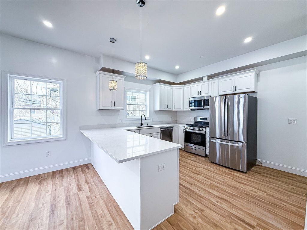 Interior, Kitchen, Pendant Lights, Recessed Lighting, Stainless Steel Appliances, Wood Texture Flooring
