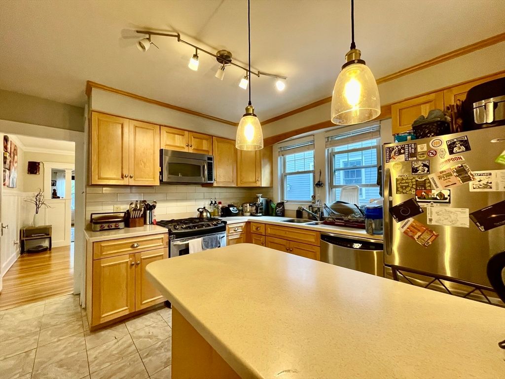Interior, Kitchen, Pendant Lights, Stainless Steel Appliances, Wood Texture Flooring