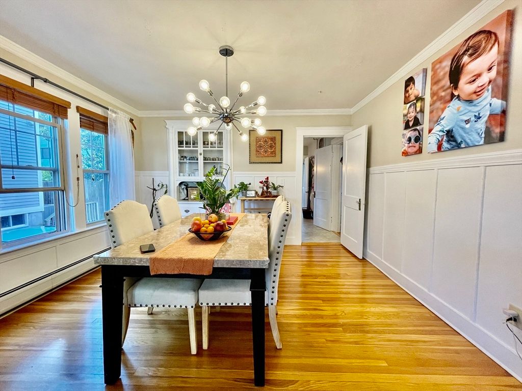 Dining room, Interior, Pendant Lights, Wood Texture Flooring