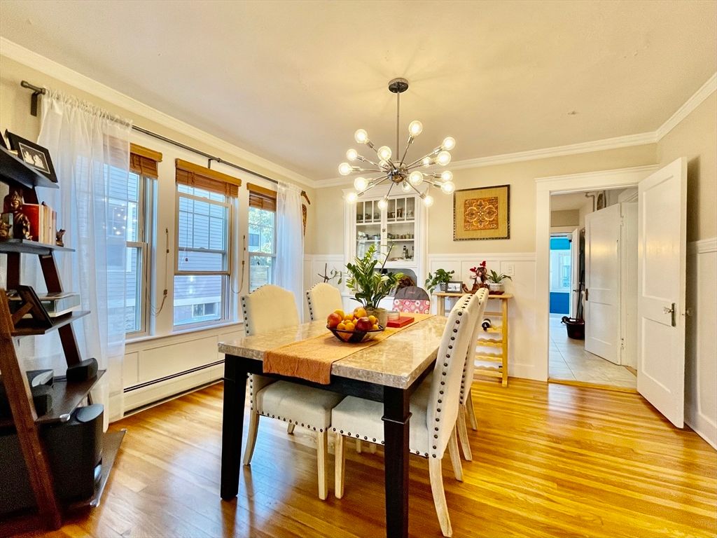 Dining room, Interior, Pendant Lights, Wood Texture Flooring