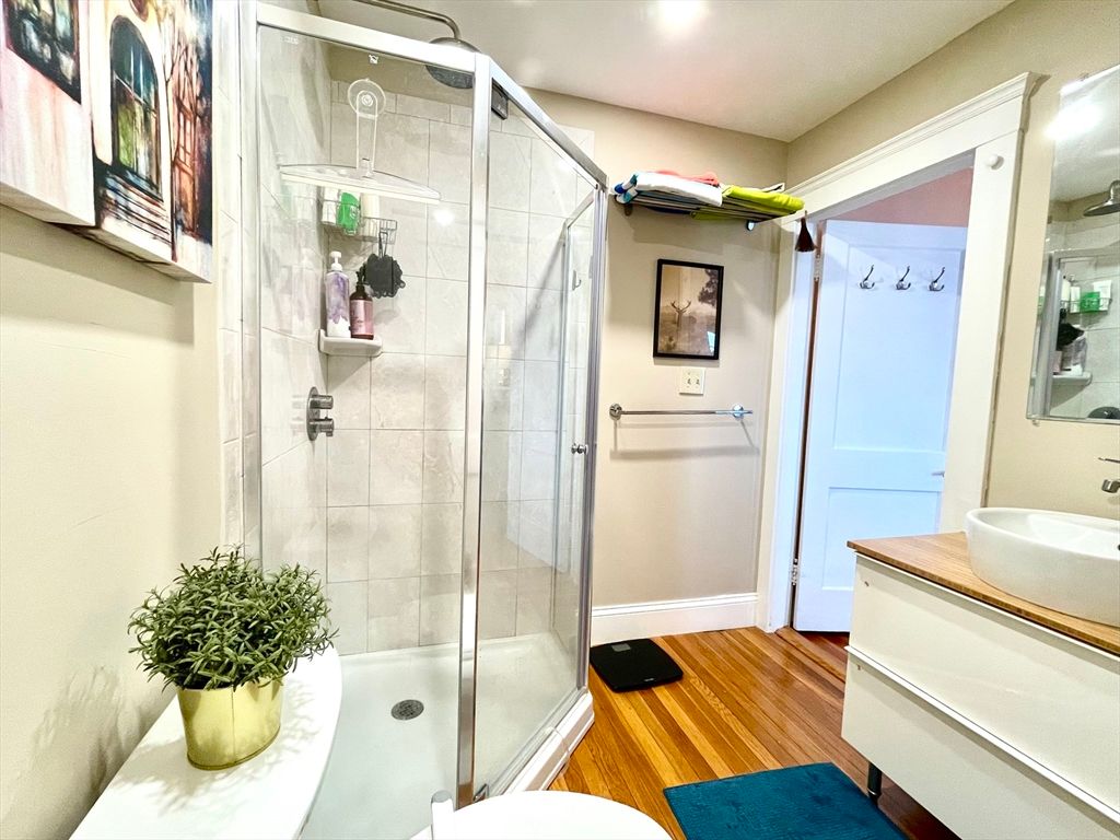 Bathroom, Glass Shower, Interior, Recessed Lighting, Wood Texture Flooring