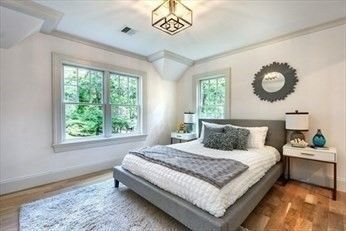 Bedroom, Interior, Pendant Lights, Wood Texture Flooring