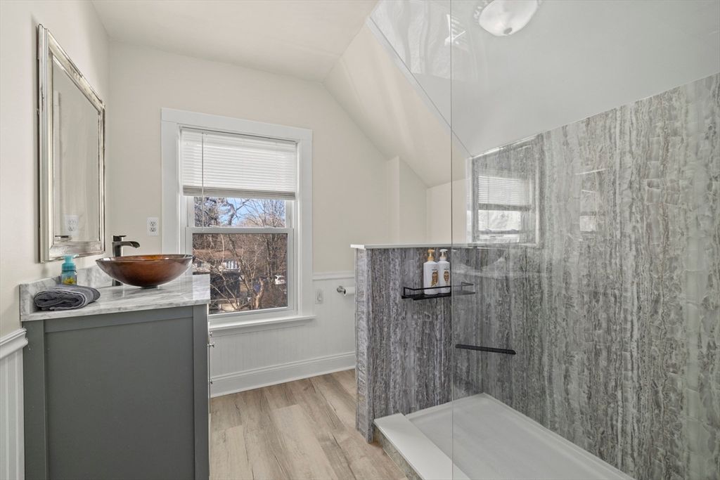 Bathroom, Glass Shower, Interior, Wood Texture Flooring