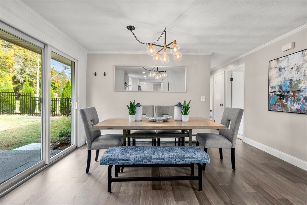 Dining room, Interior, Pendant Lights, Wood Texture Flooring