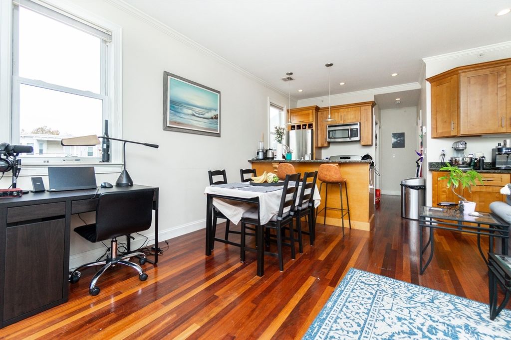 Home Office, Interior, Kitchen, Pendant Lights, Recessed Lighting, Stainless Steel Appliances, Wood Texture Flooring