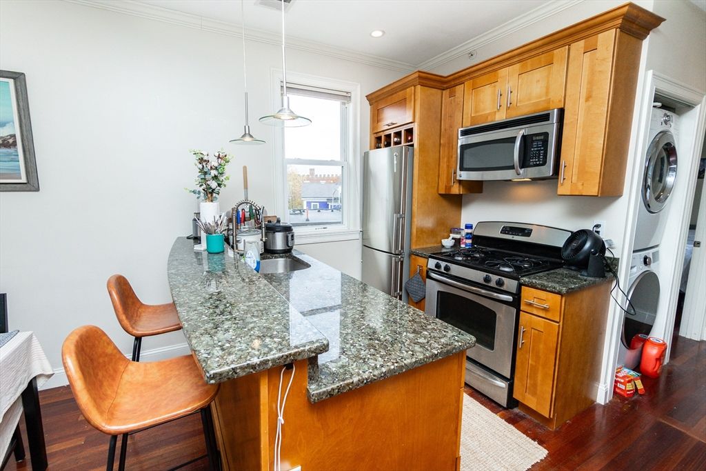 Interior, Kitchen, Pendant Lights, Recessed Lighting, Stainless Steel Appliances, Washer, Wood Texture Flooring