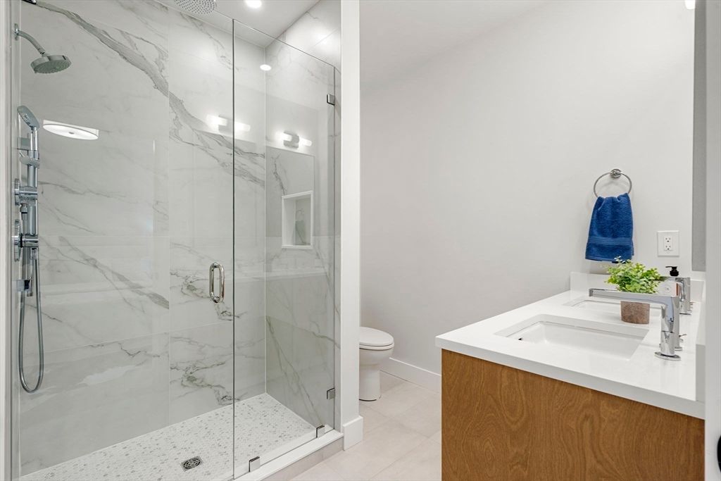 Bathroom, Glass Shower, Interior, Marble Walls, Recessed Lighting