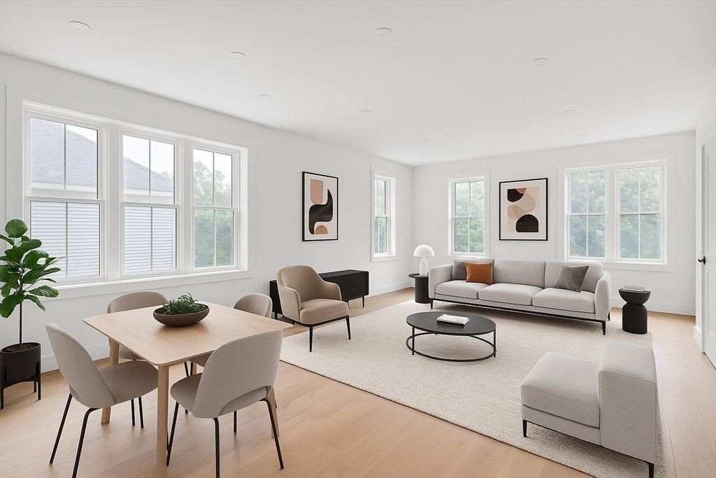 Dining room, Interior, Living room, Recessed Lighting, Wood Texture Flooring