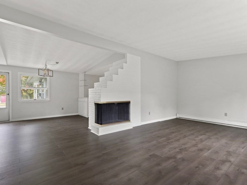 Empty room, Fireplace, Interior, Pendant Lights, Wood Texture Flooring