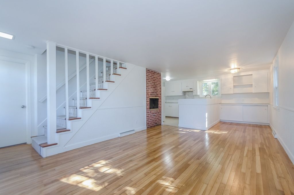 Empty room, Interior, Kitchen, Stone Walls, Wood Texture Flooring