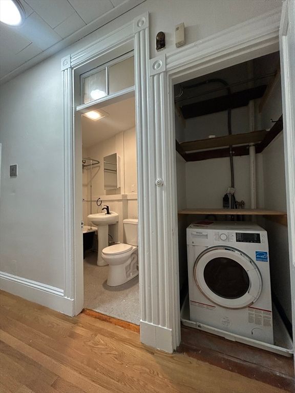 Bathroom, Interior, Washer, Wood Texture Flooring