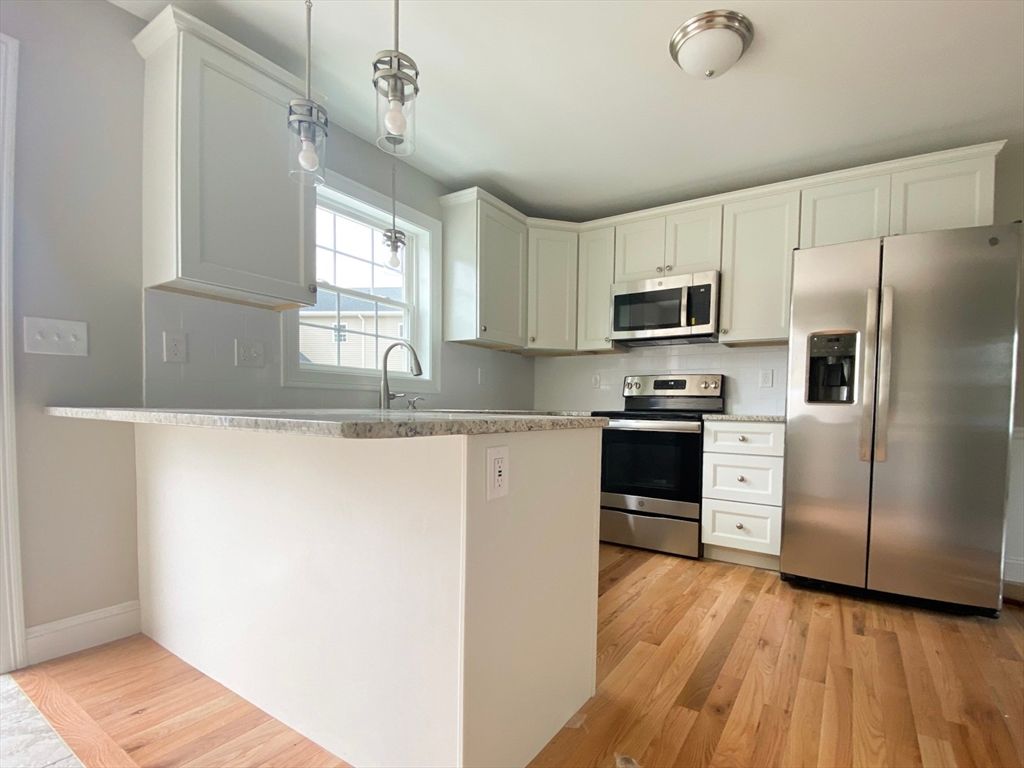 Interior, Kitchen, Pendant Lights, Stainless Steel Appliances, Wood Texture Flooring