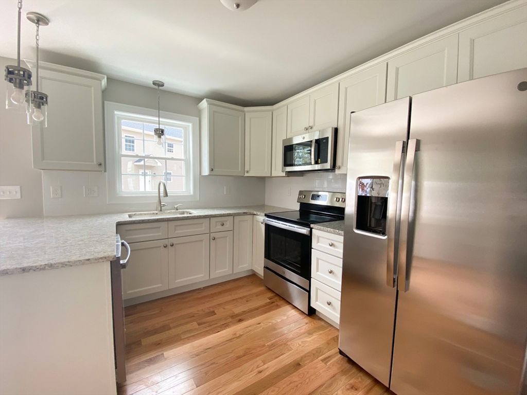 Interior, Kitchen, Pendant Lights, Stainless Steel Appliances, Wood Texture Flooring