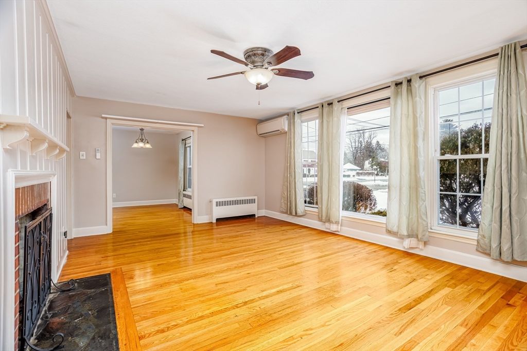 Empty room, Fireplace, Interior, Pendant Lights, Wood Texture Flooring