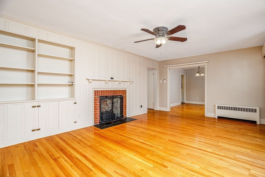 Empty room, Fireplace, Interior, Pendant Lights, Wood Texture Flooring