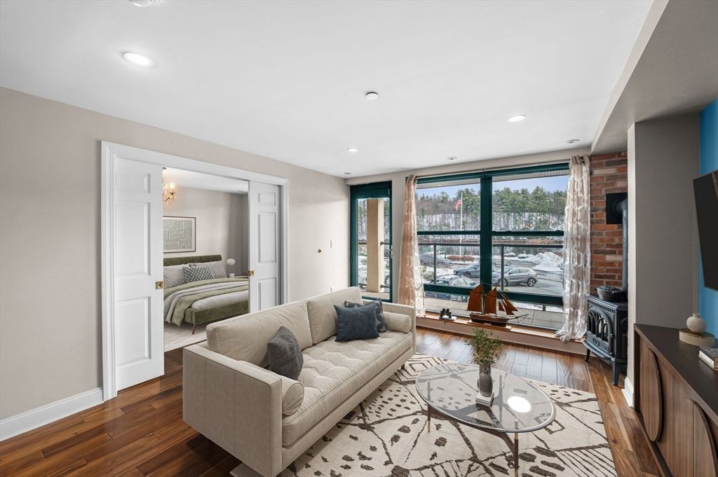 Bedroom, Interior, Living room, Recessed Lighting, Stone Walls, Wood Texture Flooring