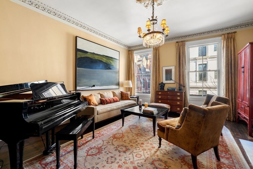 Chandelier, Fireplace, Interior, Living room, Piano, Wood Texture Flooring