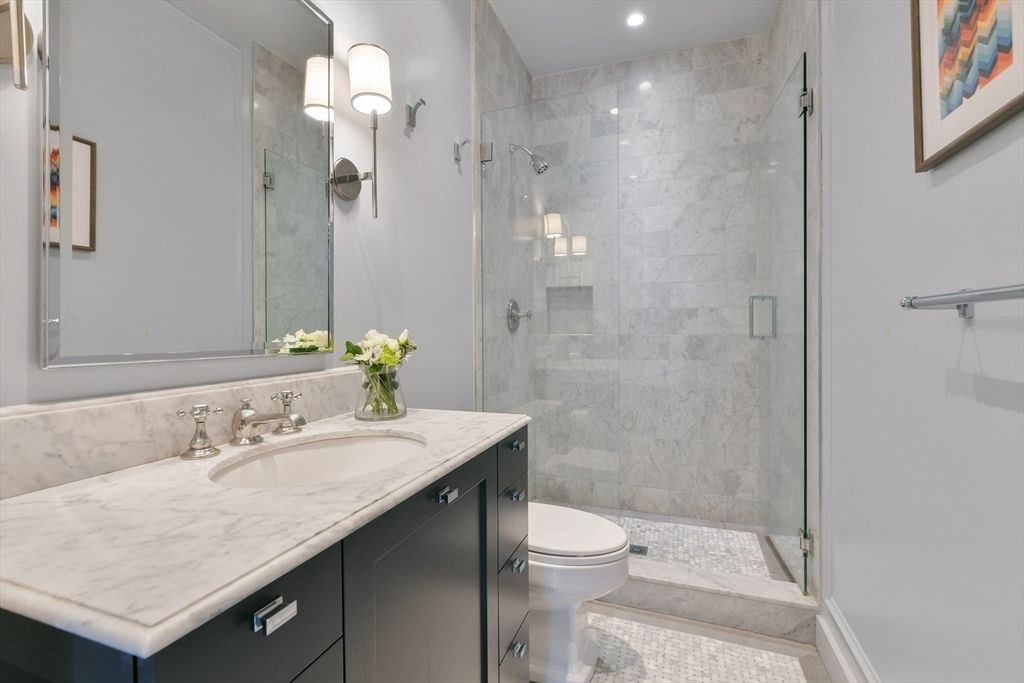 Bathroom, Glass Shower, Interior, Marble Walls, Recessed Lighting