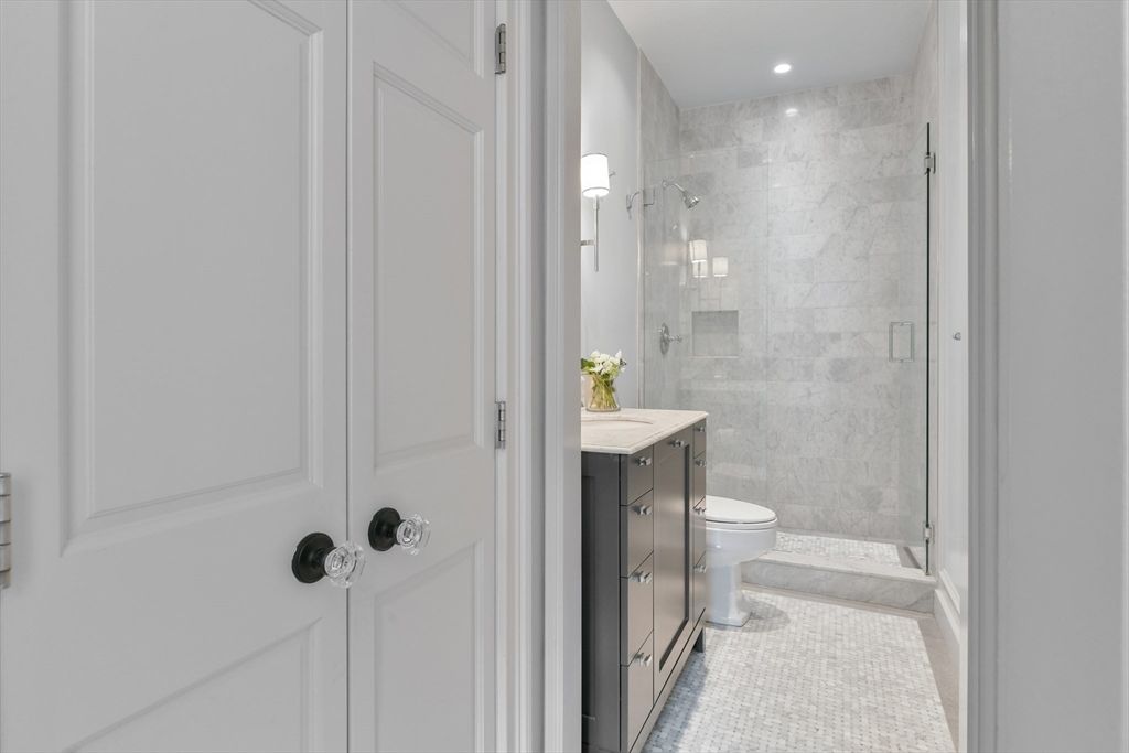 Bathroom, Glass Shower, Interior, Marble Walls, Recessed Lighting