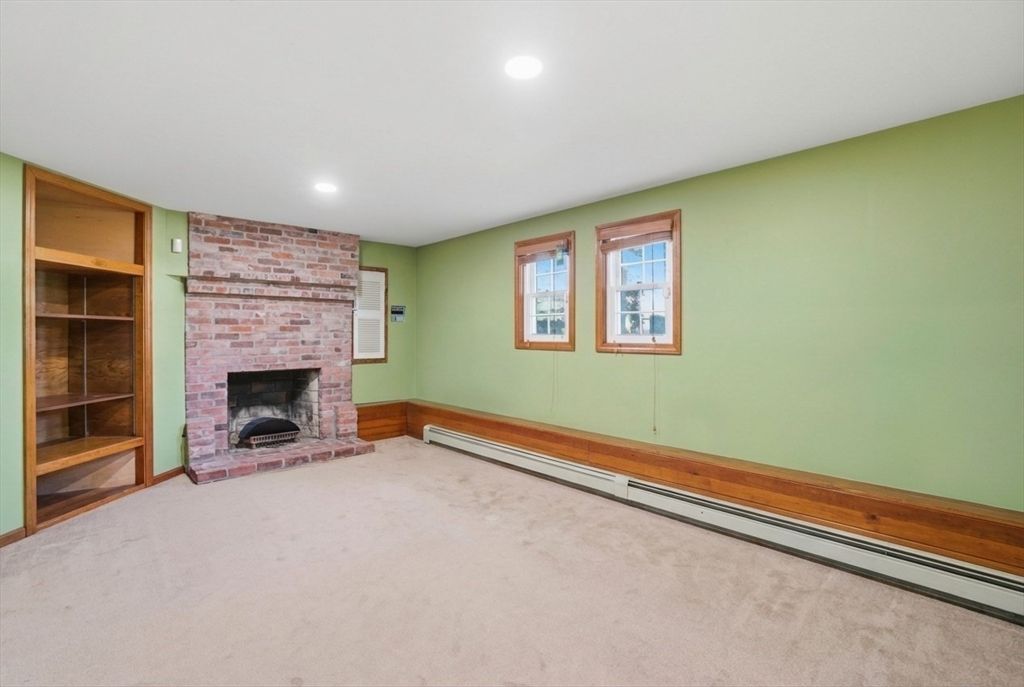 Empty room, Fireplace, Interior, Recessed Lighting, Stone Walls