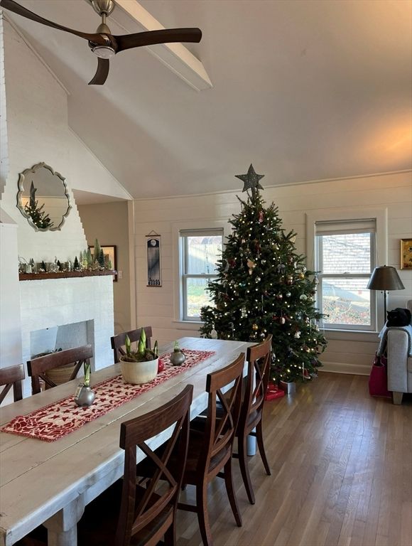 Dining room, Fireplace, Interior, Wood Texture Flooring