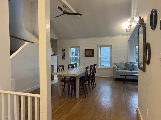 Dining room, Fireplace, Interior, Wood Texture Flooring