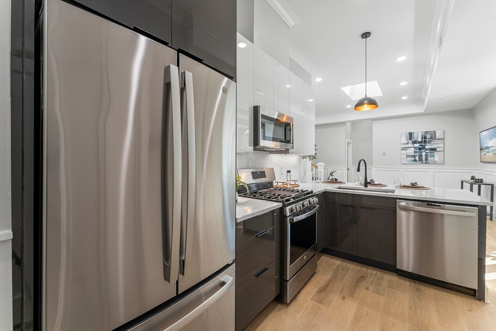 Interior, Kitchen, Pendant Lights, Recessed Lighting, Stainless Steel Appliances, Wood Texture Flooring