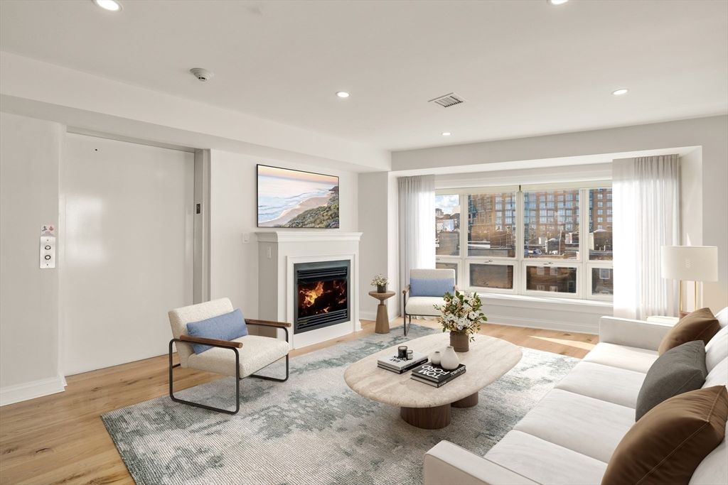 Fireplace, Interior, Living room, Recessed Lighting, Wood Texture Flooring