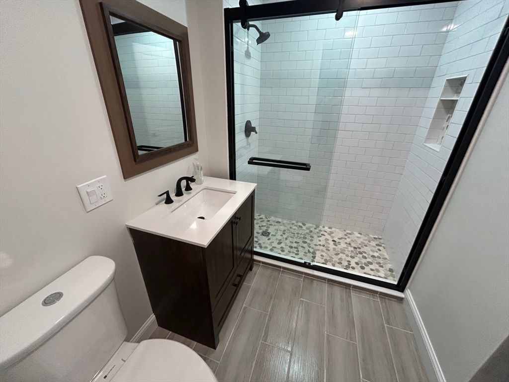 Bathroom, Glass Shower, Interior, Wood Texture Flooring