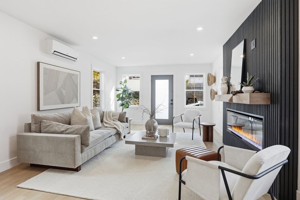 Fireplace, Interior, Living room, Recessed Lighting, Wood Texture Flooring