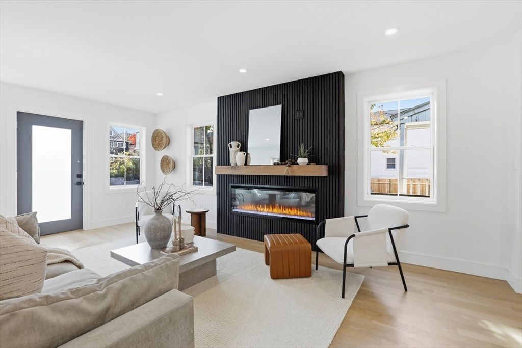 Fireplace, Interior, Living room, Recessed Lighting, Wood Texture Flooring