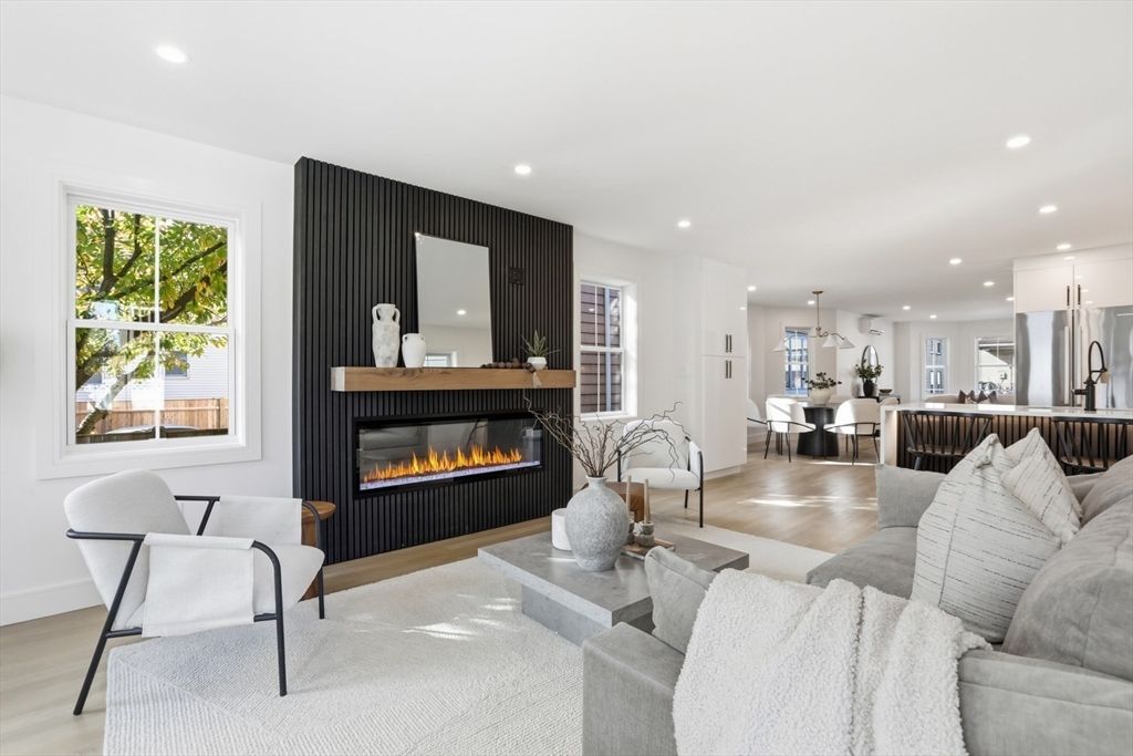 Dining room, Fireplace, Interior, Kitchen, Living room, Pendant Lights, Recessed Lighting, Wood Texture Flooring