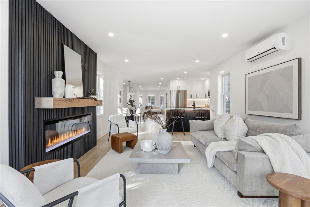 Dining room, Fireplace, Interior, Kitchen, Living room, Pendant Lights, Recessed Lighting, Wood Texture Flooring