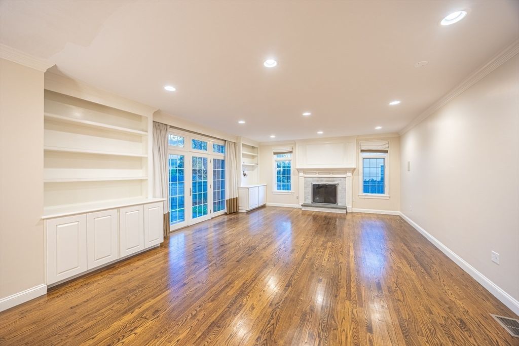 Empty room, Fireplace, Interior, Recessed Lighting, Wood Texture Flooring
