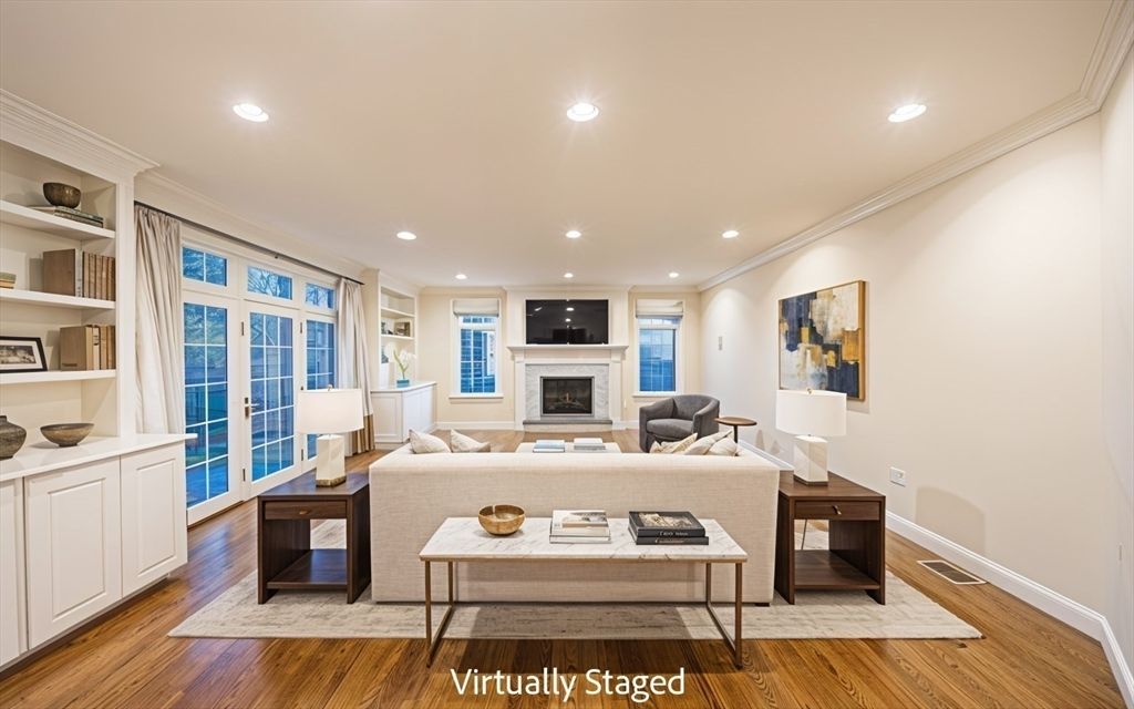 Fireplace, Interior, Living room, Recessed Lighting, Wood Texture Flooring