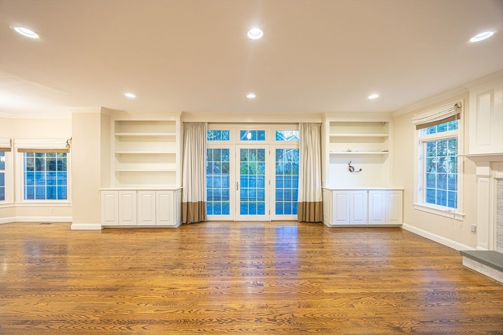 Empty room, Fireplace, Interior, Recessed Lighting, Wood Texture Flooring