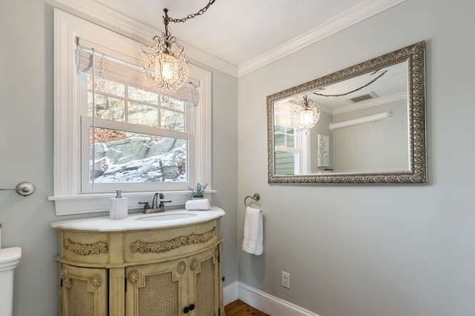 Bathroom, Chandelier, Interior, Wood Texture Flooring