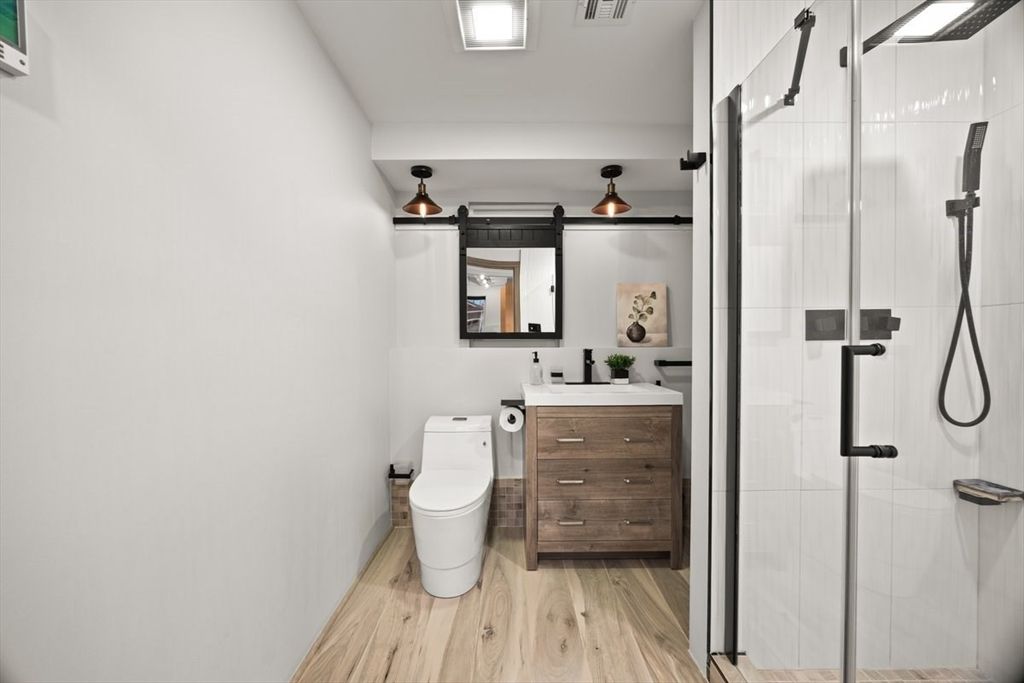 Bathroom, Glass Shower, Interior, Wood Texture Flooring