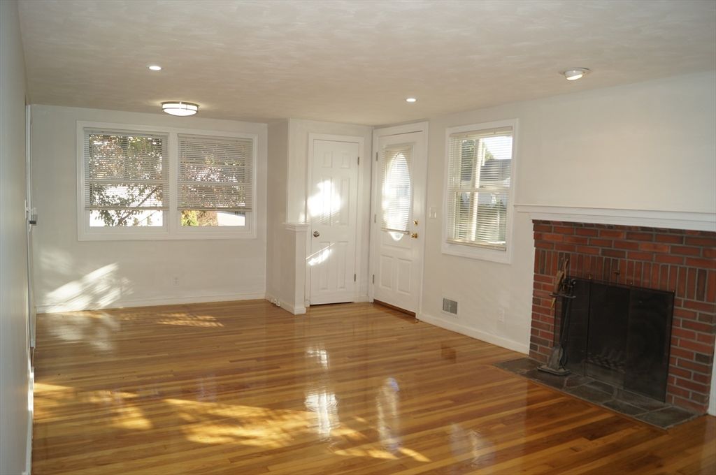 Empty room, Fireplace, Interior, Recessed Lighting, Wood Texture Flooring