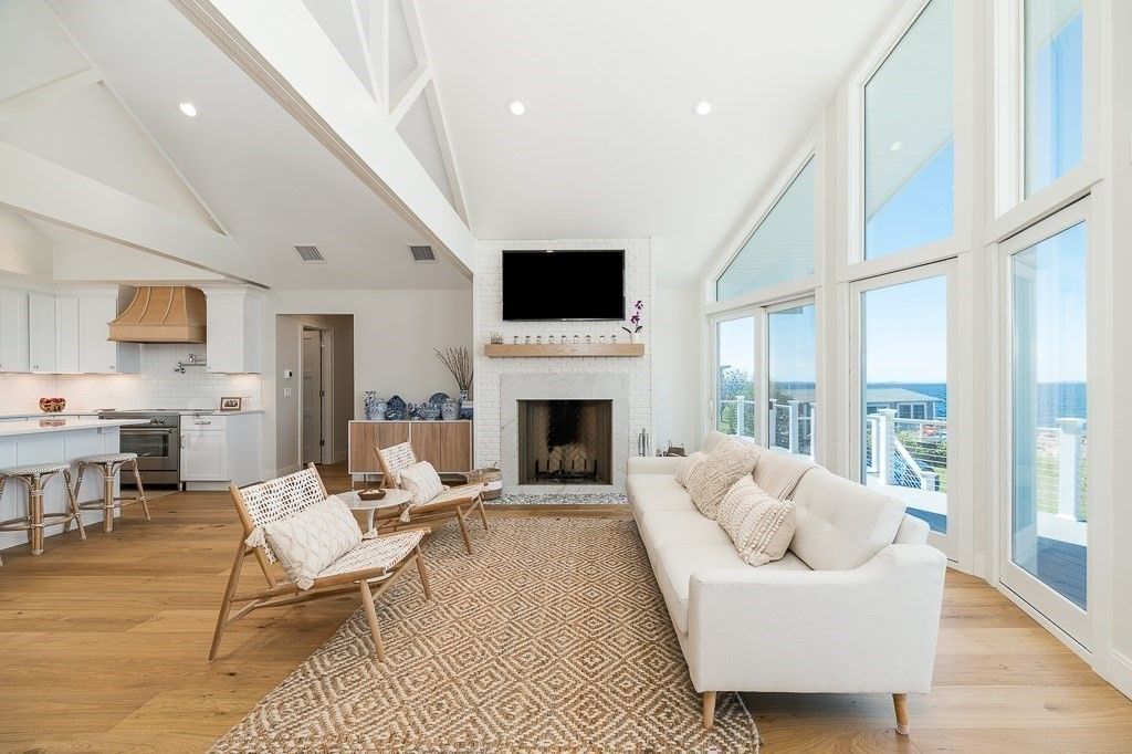 Fireplace, Interior, Kitchen, Living room, Recessed Lighting, Water, Wood Texture Flooring