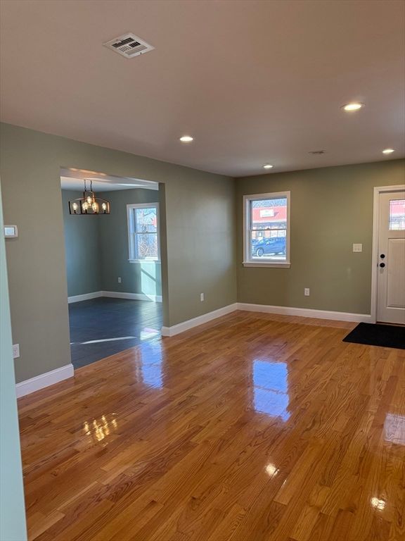 Chandelier, Empty room, Interior, Recessed Lighting, Wood Texture Flooring