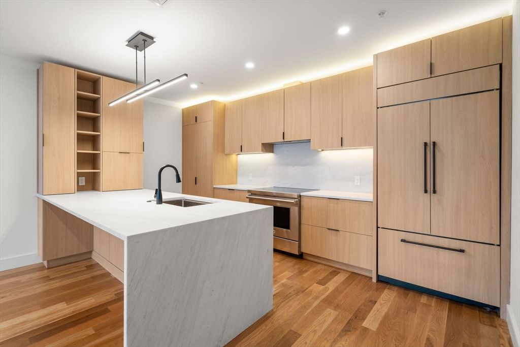 Interior, Kitchen, Pendant Lights, Recessed Lighting, Stainless Steel Appliances, Wood Texture Flooring