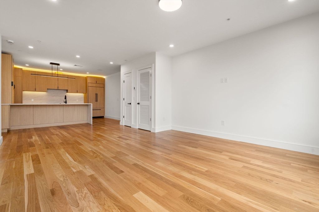 Empty room, Interior, Kitchen, Recessed Lighting, Wood Texture Flooring