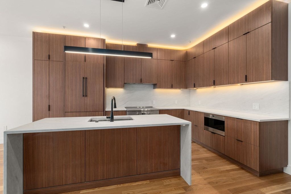 Interior, Kitchen, Pendant Lights, Recessed Lighting, Stainless Steel Appliances, Wood Texture Flooring